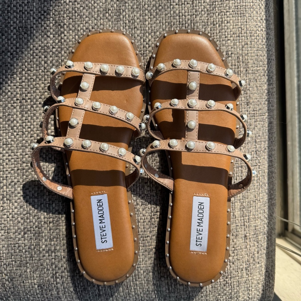 Steve Madden Lynky Pearl Studded Caged Sandals - Tan - Size 7.5